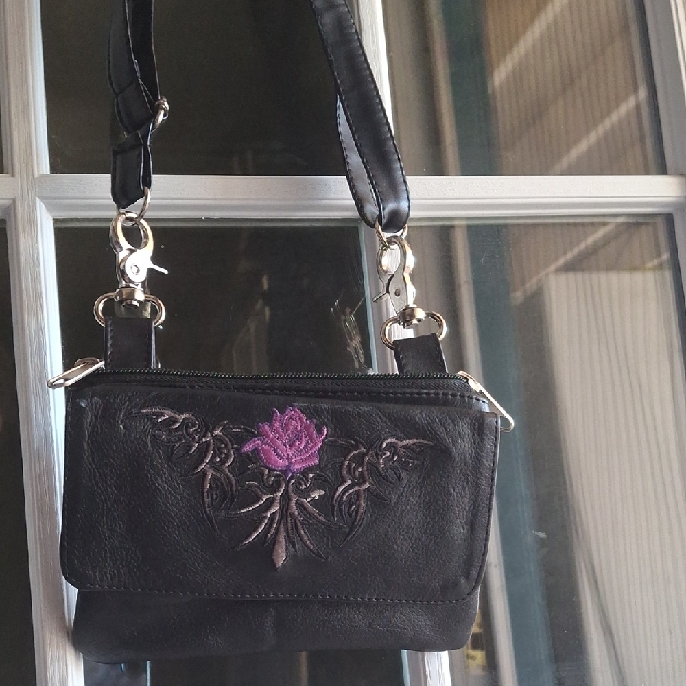 Black Leather Bag with Purple Embroidery